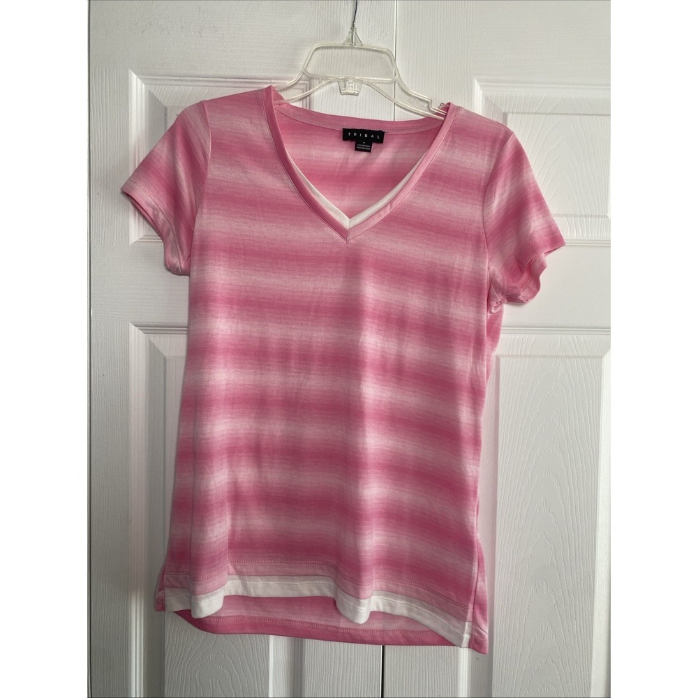 Tribal V-Neck Short Sleeve Tee Top Womens Size M Pink Ombre Stripe Rayon Blend
